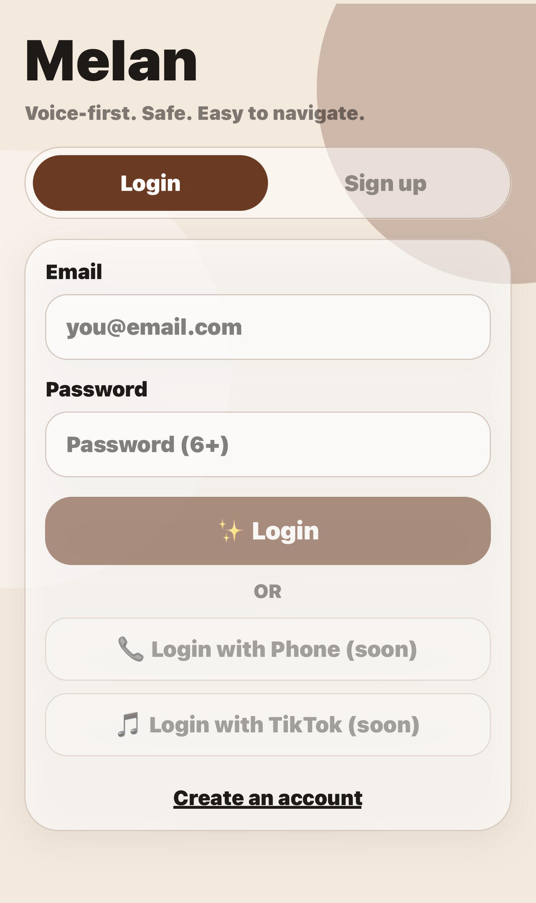 Log in screen
